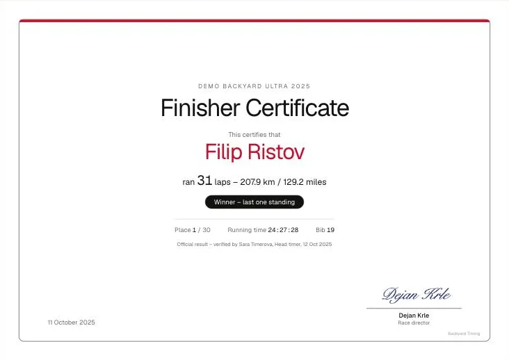 A certificate – print it or save it as PDF; runners get the link by e-mail.