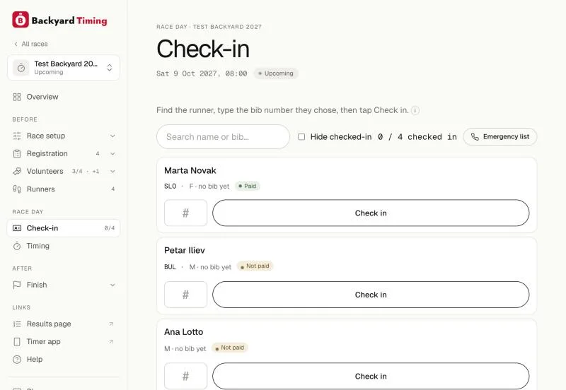 Check-in at the desk: search, bib number, CHECK IN.
