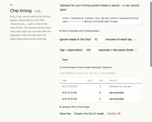 Chip timing: the address for the timing system, the rules and the last reads.
