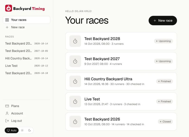Your races. "New race" creates a race; every race has its own page with tabs.