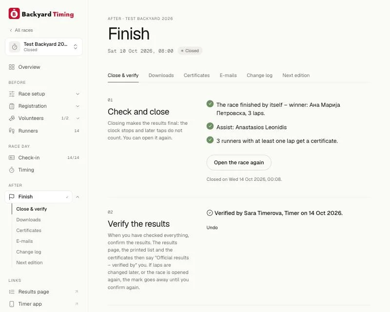 Finish tab: check and close, downloads, certificates and e-mails, next edition.