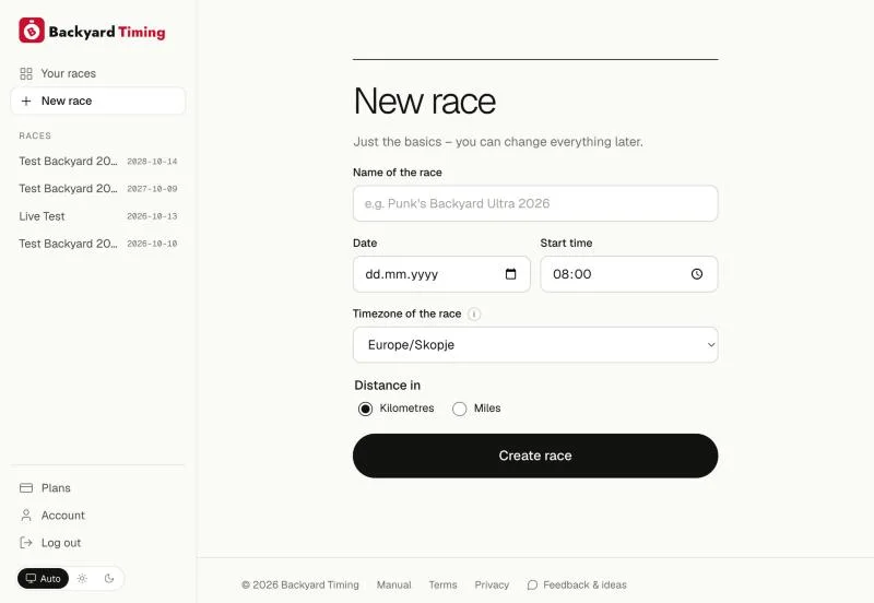 A new race needs only a name, date, start time and timezone.
