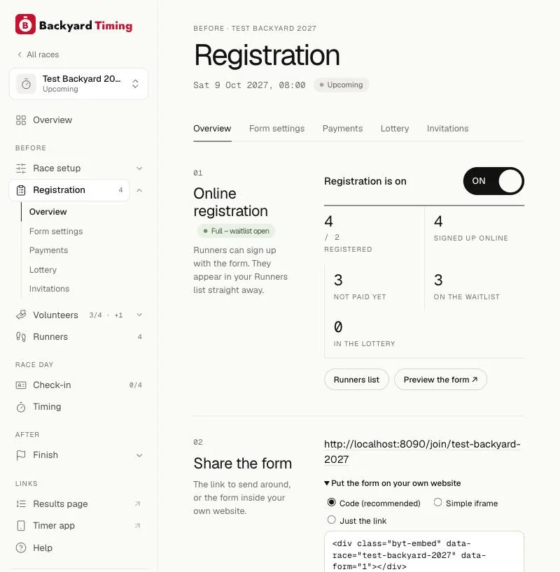 Registration tab: the switch, numbers, sharing, payments and the form settings.