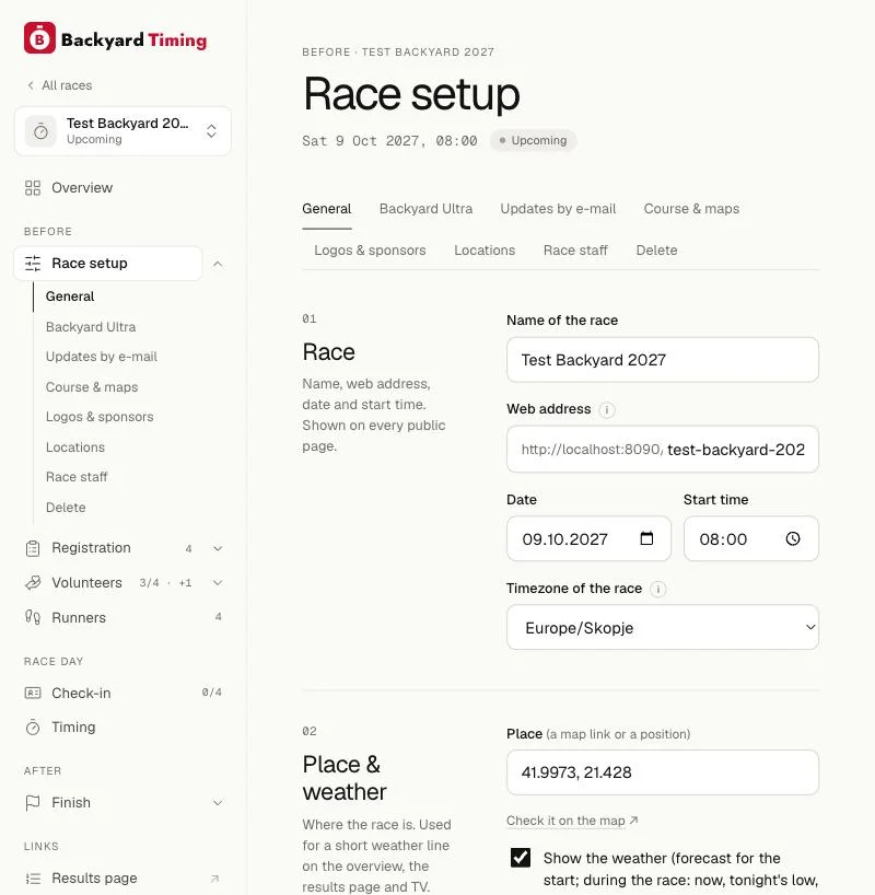 Race setup: race, rules, day and night loop, logos and course map.