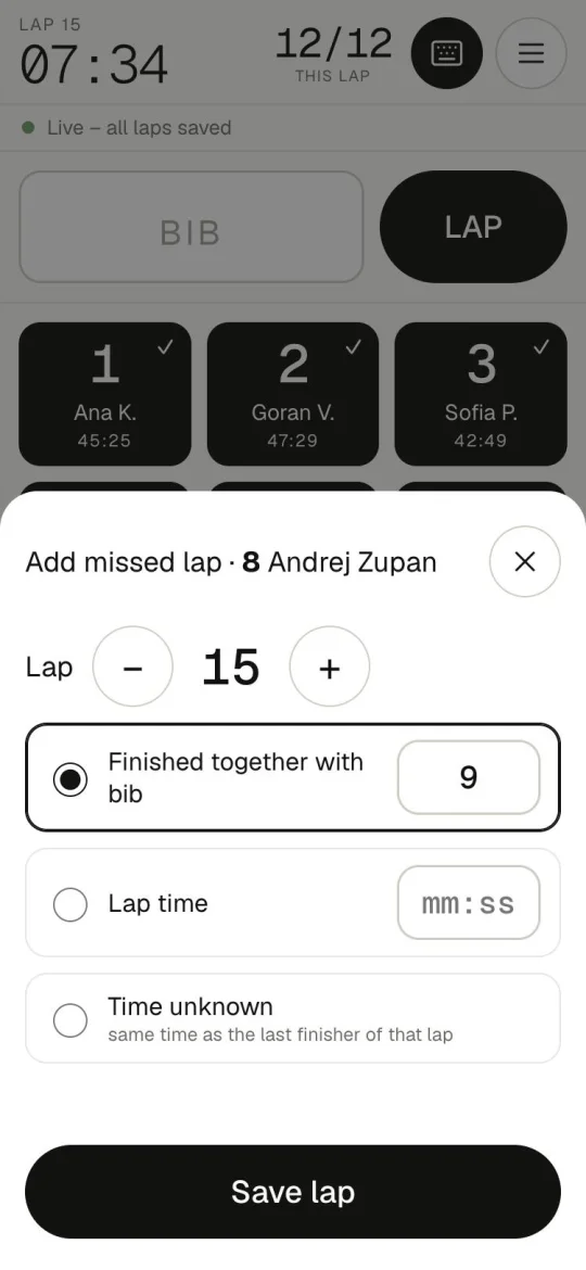 Add missed lap – here "finished together with bib 9".