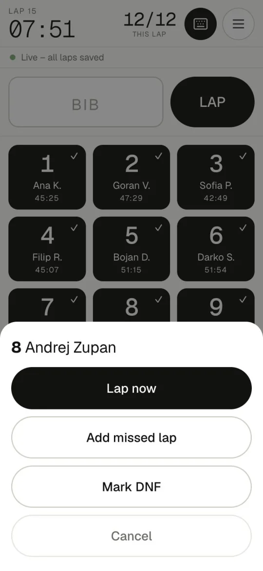 Hold a button: Lap now, Add missed lap, Mark DNF.