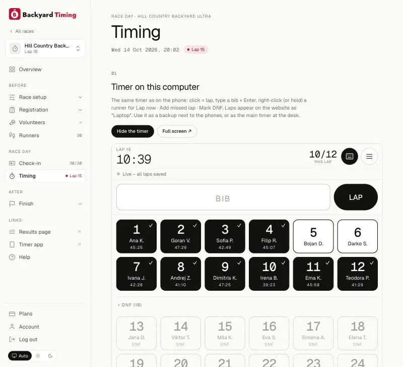 Timing tab: the full timer on the laptop.