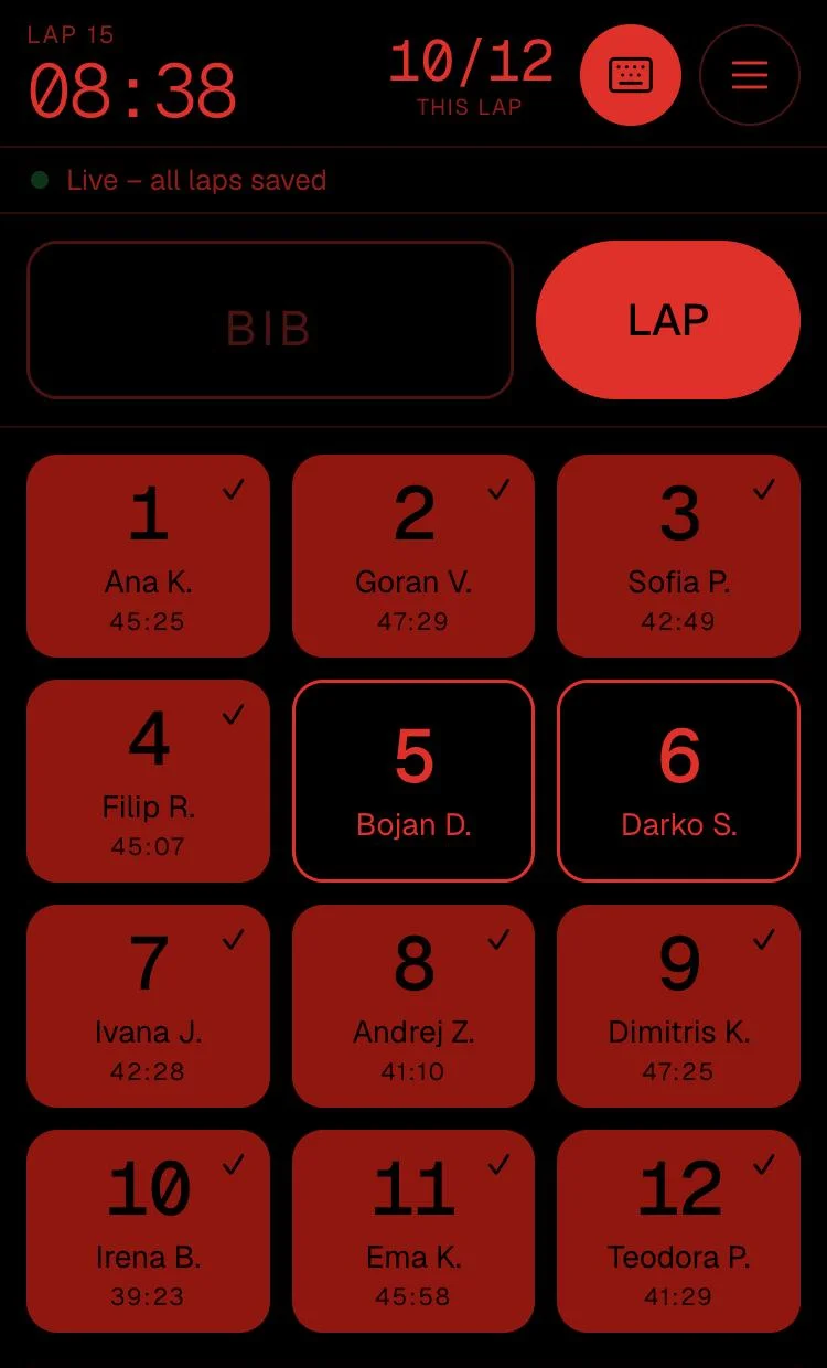 The timer app in night mode: red on black