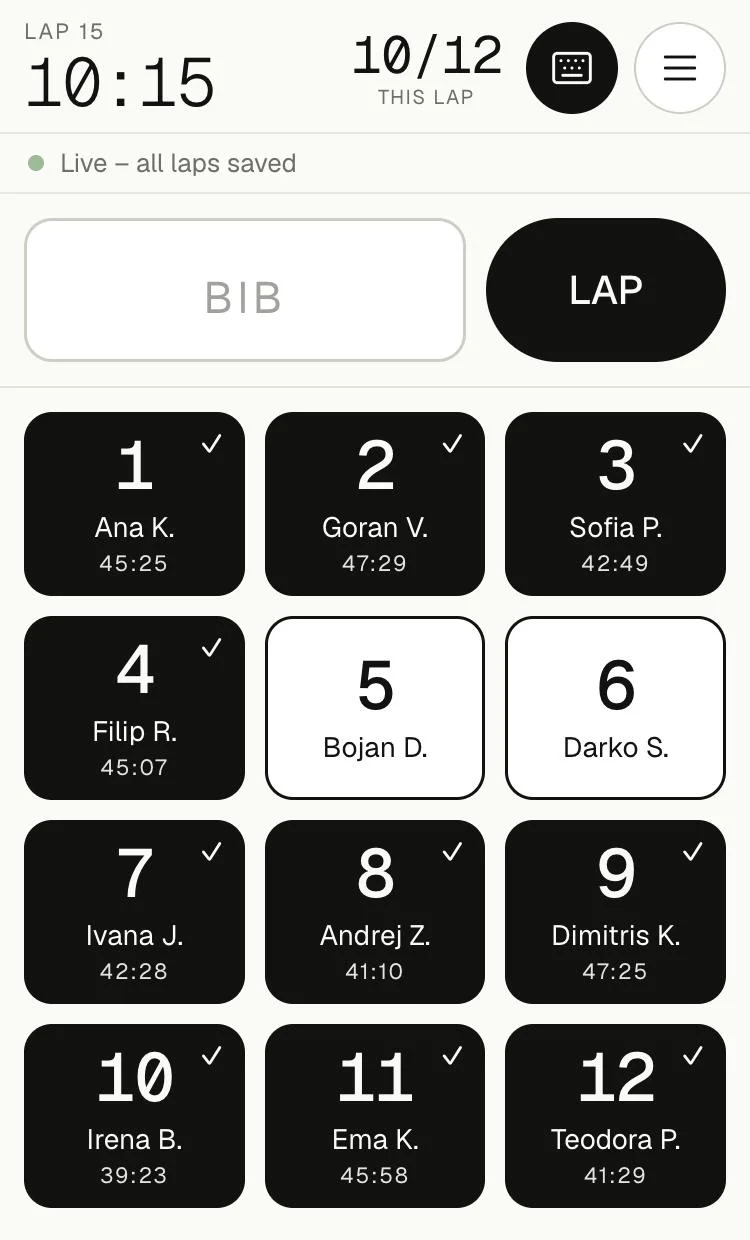 The timer app on a phone: one button per runner, filled = finished this lap